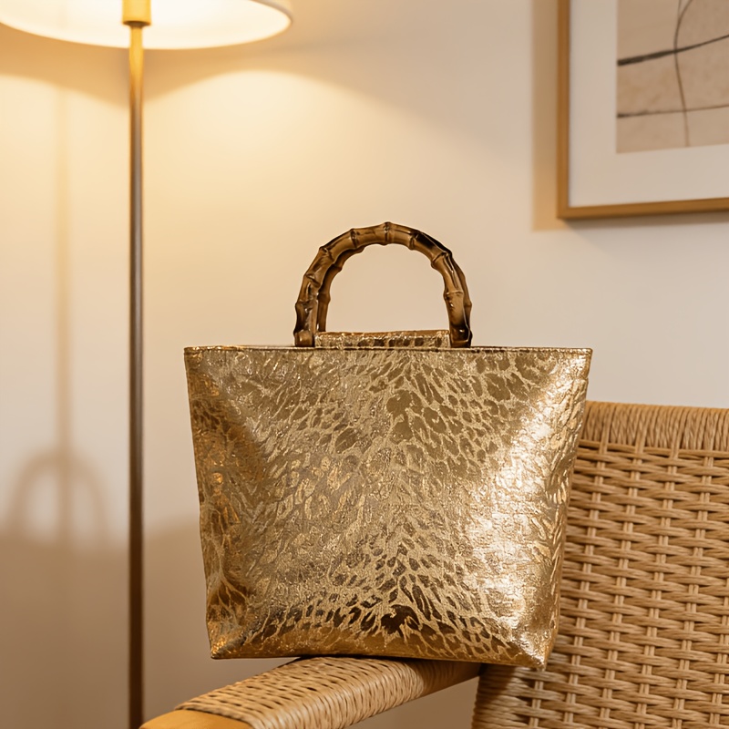 여성용 라이트 럭셔리 메탈릭 골드 자카드 리프 토트백, - Luxury Bags Vendor 리뷰 및 가격