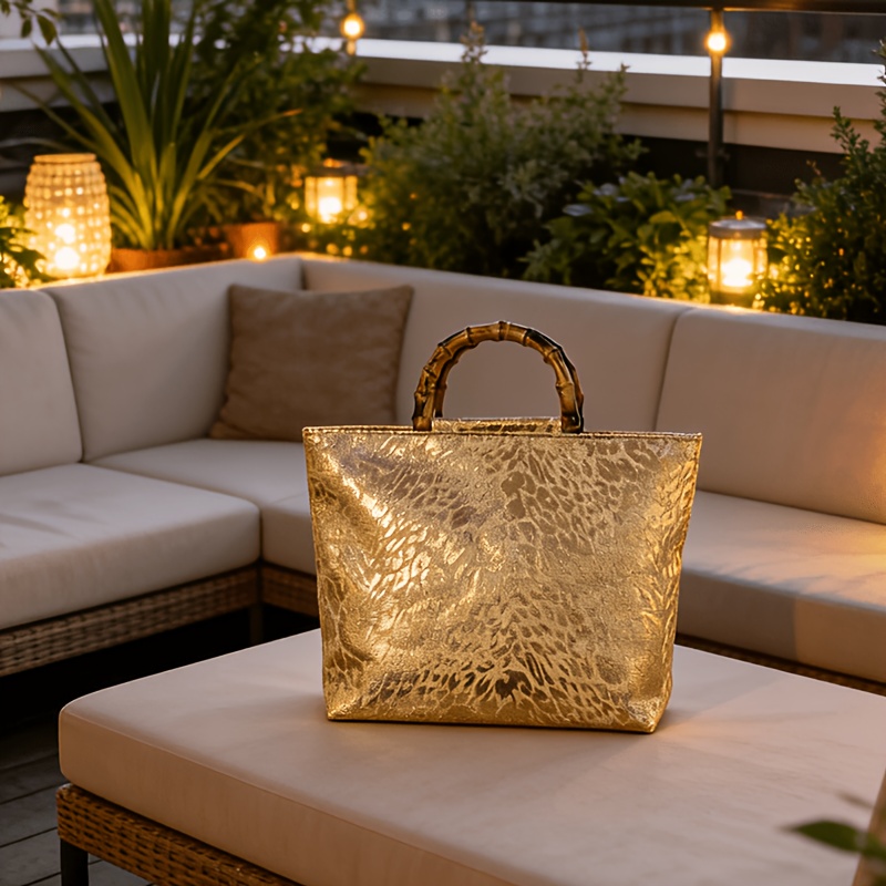 여성용 라이트 럭셔리 메탈릭 골드 자카드 리프 토트백, - Luxury Bags Vendor 리뷰 및 가격
