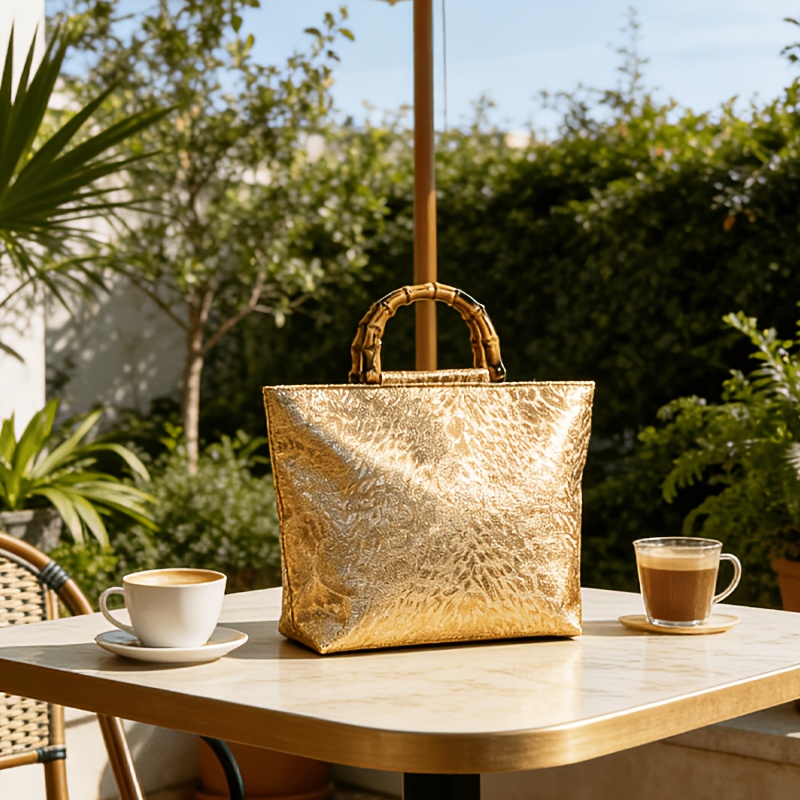여성용 라이트 럭셔리 메탈릭 골드 자카드 리프 토트백, - Luxury Bags Vendor 리뷰 및 가격